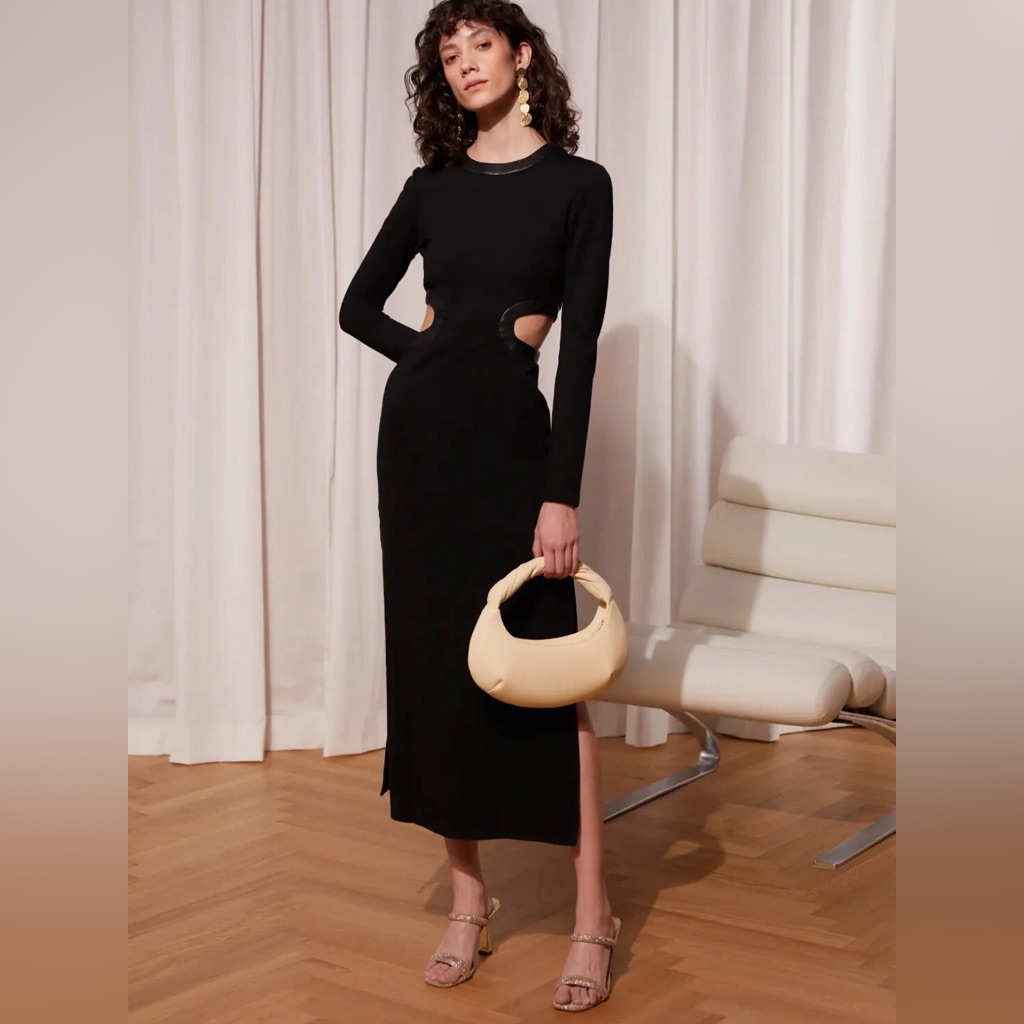 Staud Black Dolce Cut Out Dress Leather Detail Sz L